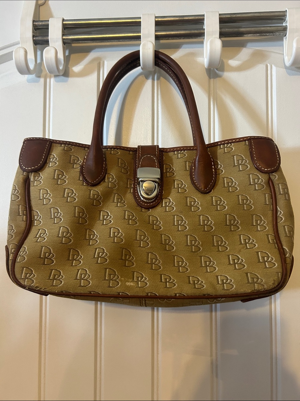 Dooney & Bourke Tan Monogram Satchel with Brown Leather Trim
